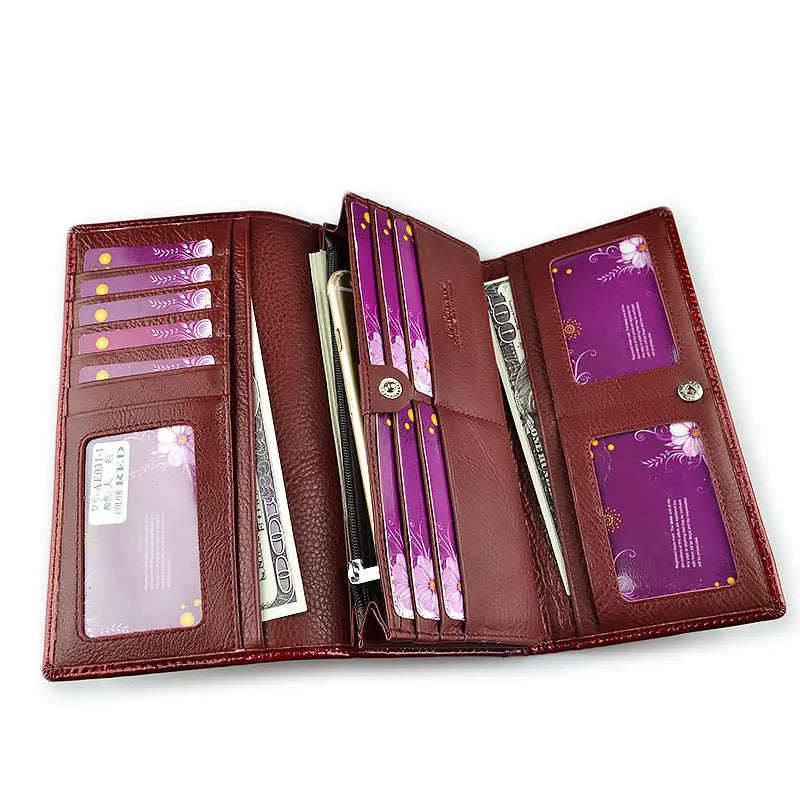 Women's leather coin purse with patent finish and crocodile pattern in red, wine red, and black colour options