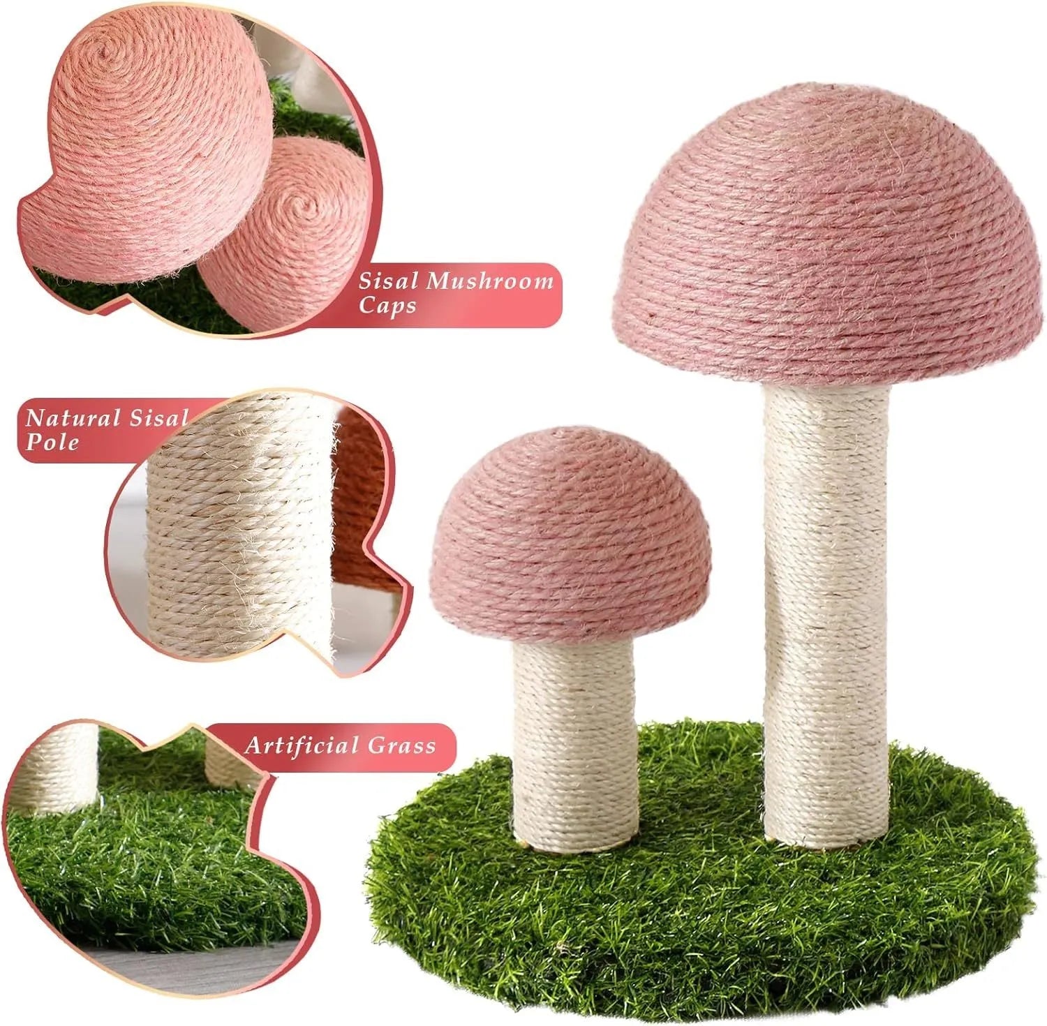 Pink mushroom-shaped cat scratching post with natural sisal scratching surfaces for kittens.