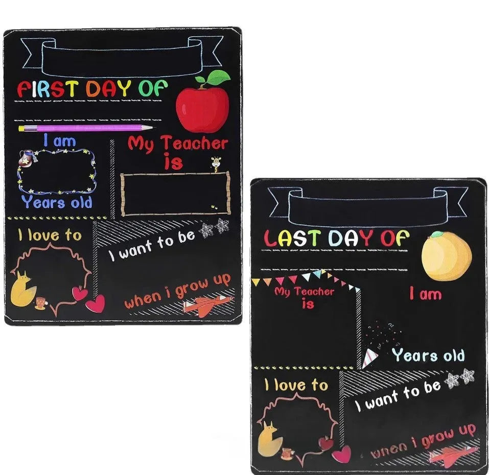 Modern wooden first day of school blackboard sign with dimensions 25.5cm by 30cm.