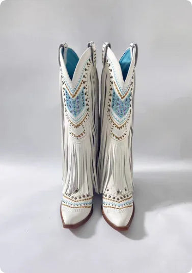 White retro embroidered slip-on boots for women with tassel details and chunky heel, microfiber lining, sizes 35-40