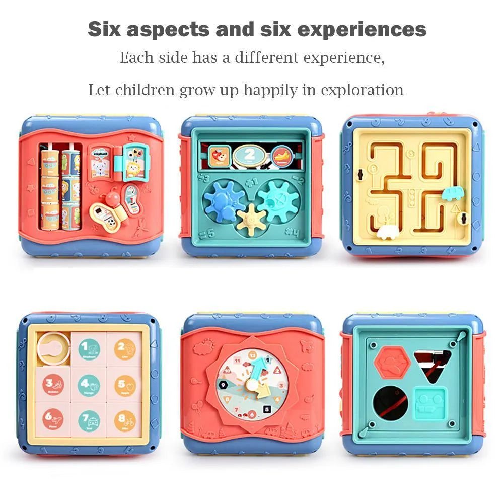 Colourful ABS plastic baby educational cube with bead maze, gears, and shape sorting games on each side.