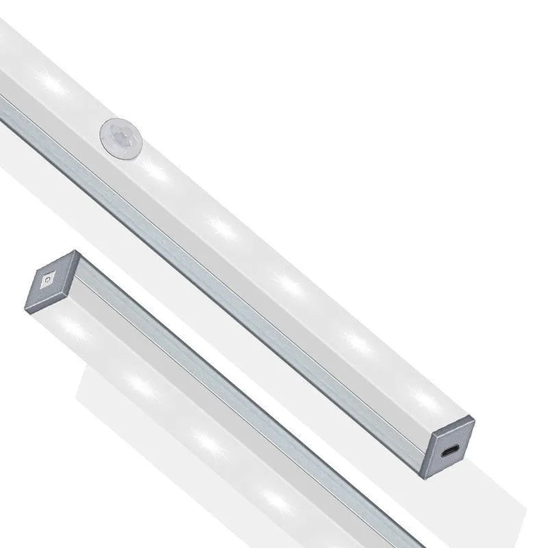 Silver aluminium LED motion sensor light with magnetic back for wardrobe and cupboard mounting.