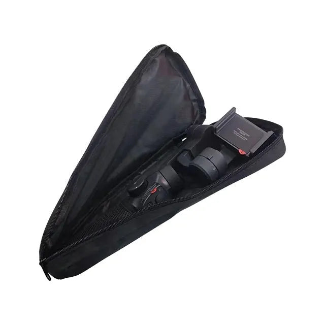Black cloth portable storage bag for mobile phone stabilizer accessories.