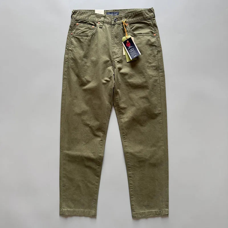 Men's American retro straight leg cotton trousers in solid colour with mid waist design
