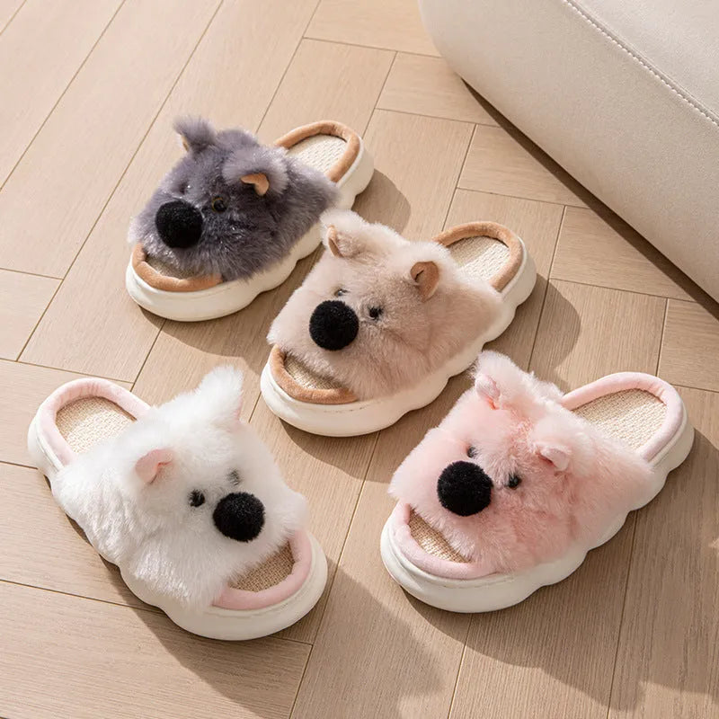 Women's linen indoor slippers with cartoon animal design, thick EVA sole, available in pink and white