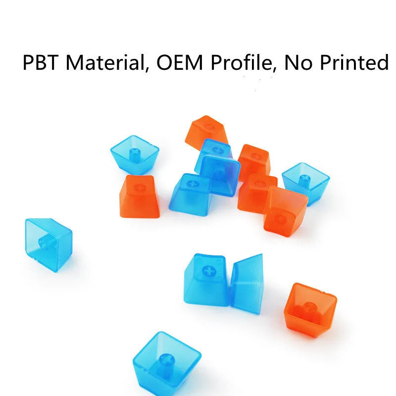 104 transparent PBT keycaps in OEM profile, unengraved, shown in orange, white, blue or black
