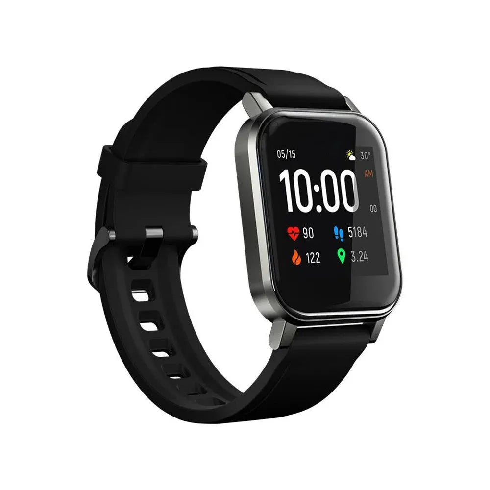 Black waterproof smart bracelet with 1.4 inch screen and silicone strap showing heart rate data