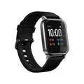 Black waterproof smart bracelet with 1.4 inch screen and silicone strap showing heart rate data