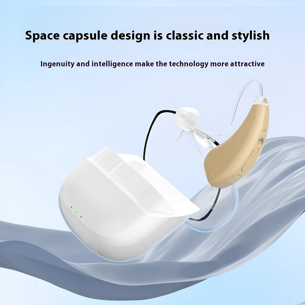 Skin colour digital hearing aid with noise reduction and Type-C charging, shown with warehouse case and cable.