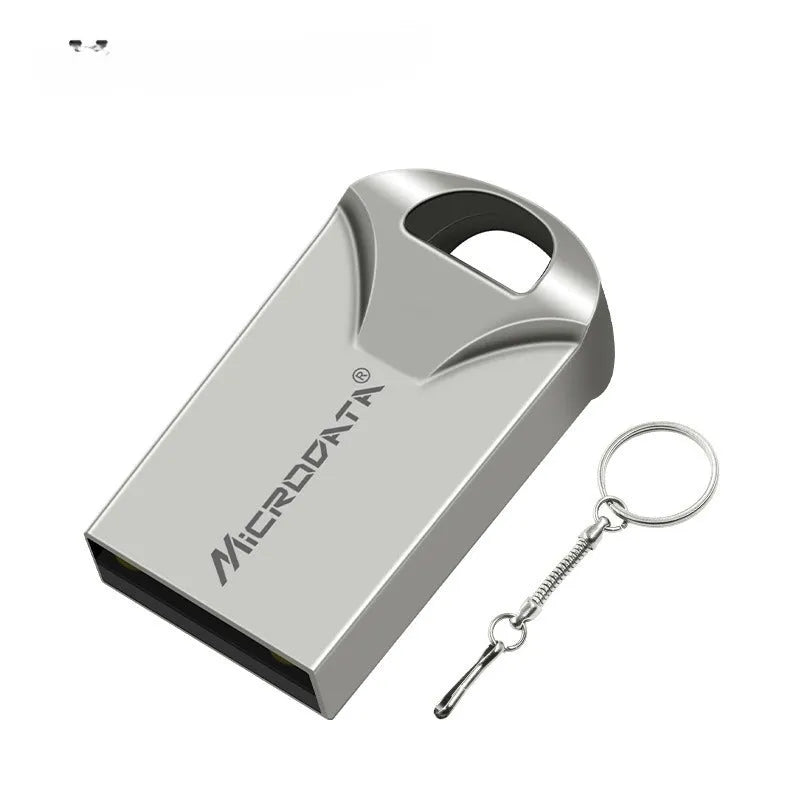 Small silver metal USB flash drive on a necklace chain, shown alongside black and gold colour variants.