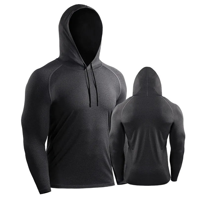Slim long sleeve hooded workout top in polyester spandex, quick-drying, sizes M-XXXL, for running and training
