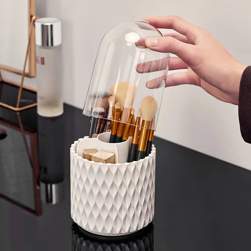 White acrylic rotating makeup brush storage holder with transparent lid and split compartments