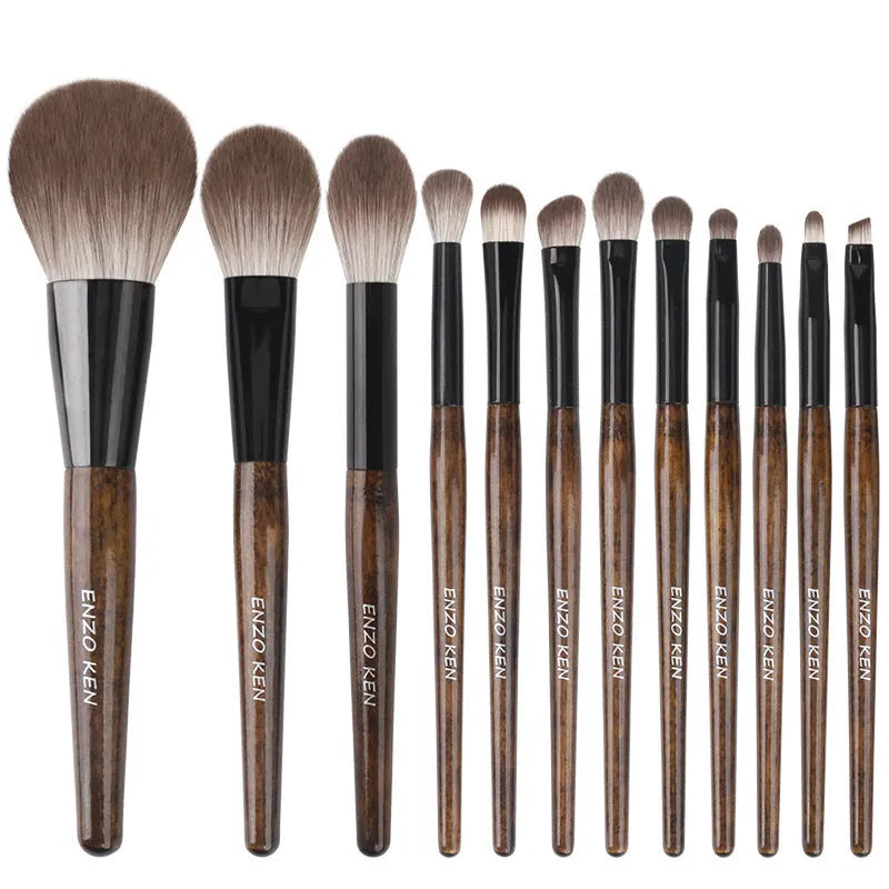 12-piece makeup brush set with wooden handles and portable black case