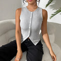 Women's slim-fit light grey knit vest, sleeveless cardigan top in sizes S to XL