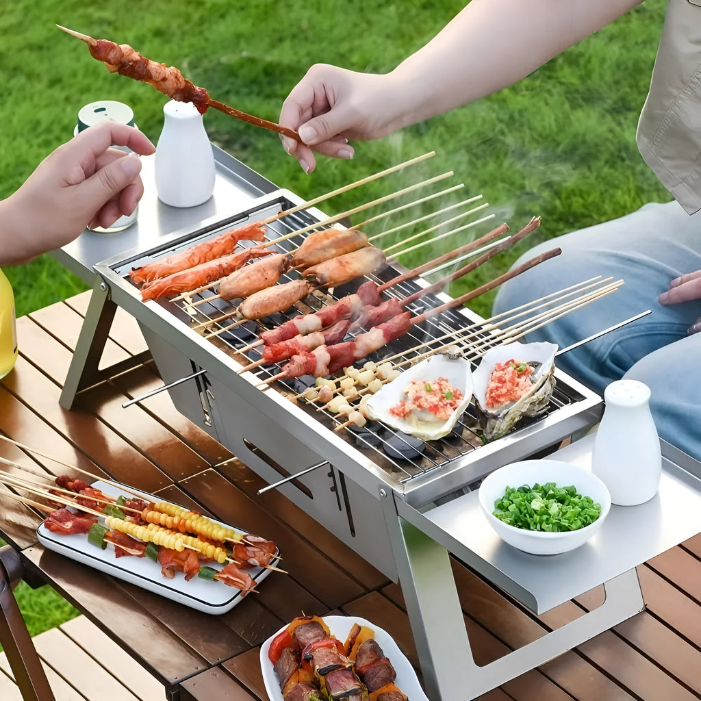 Small foldable portable charcoal grill with iron construction for outdoor barbecues