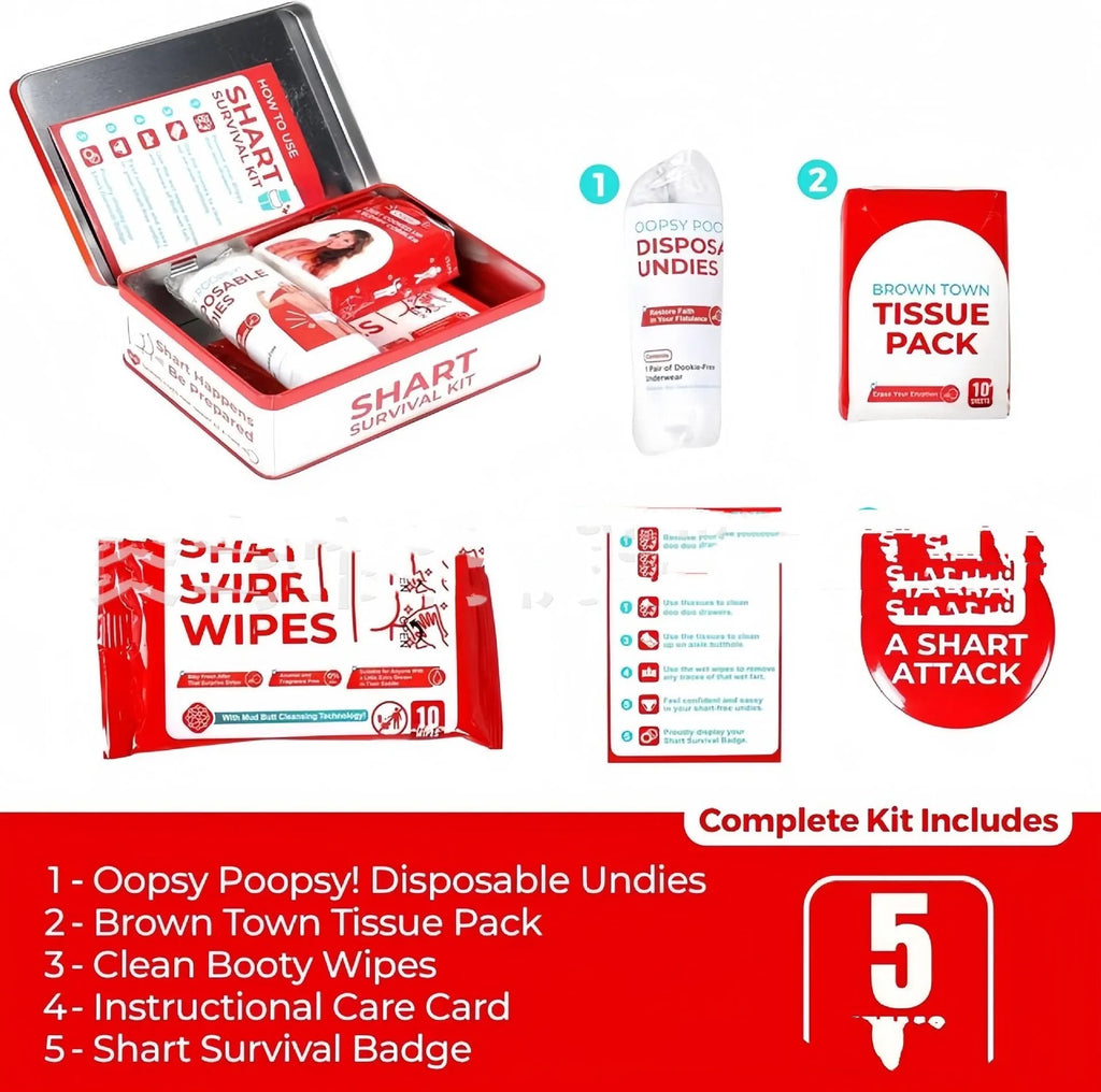 Poop gift set survival kit with wet wipes, dry wipes, disposable underwear, badge and instruction card, 276g, 17x12x4cm