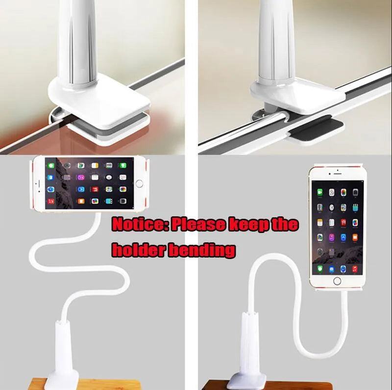 Black bedside oversize flat panel handset phone holder with long adjustable arm mounted on a table