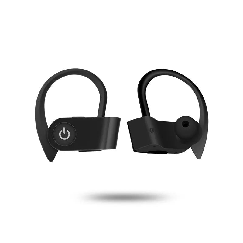 Black wireless Bluetooth earphones with ergonomic in-ear design showing buttons and LED indicator