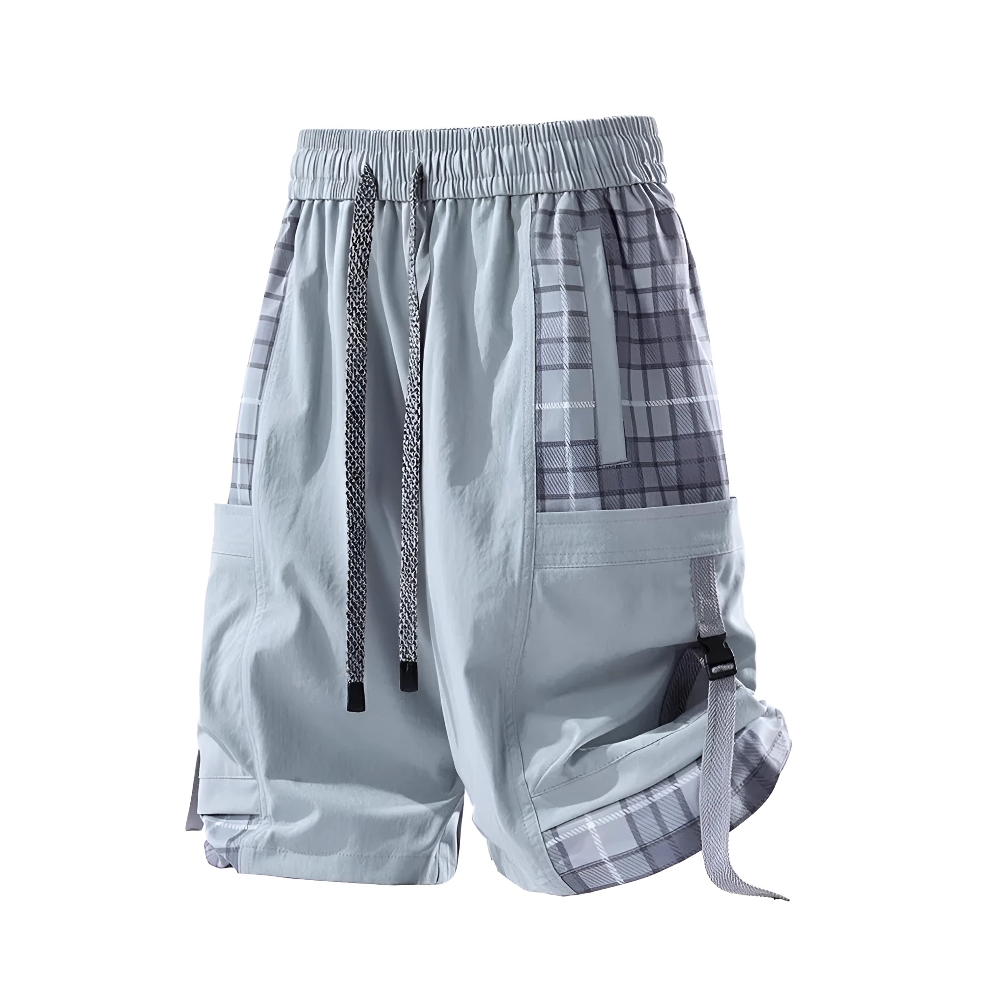 Men's loose-fit cargo shorts with plaid stitching detail in smoky grey colour.