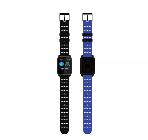 A6 smart bracelet with 1.3-inch colour screen in blue, black, or orange with silicone strap and zinc alloy construction