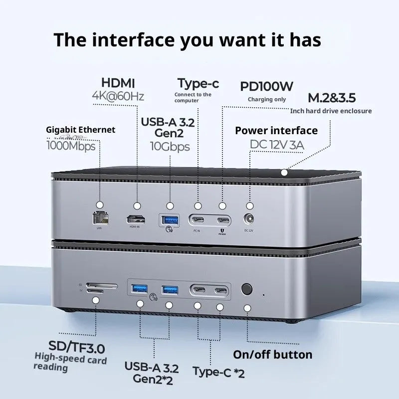 Black 8-in-1 M.2 hard disk box docking station with USB 3.2 expansion, aluminium alloy ABS body and 0.2m cable