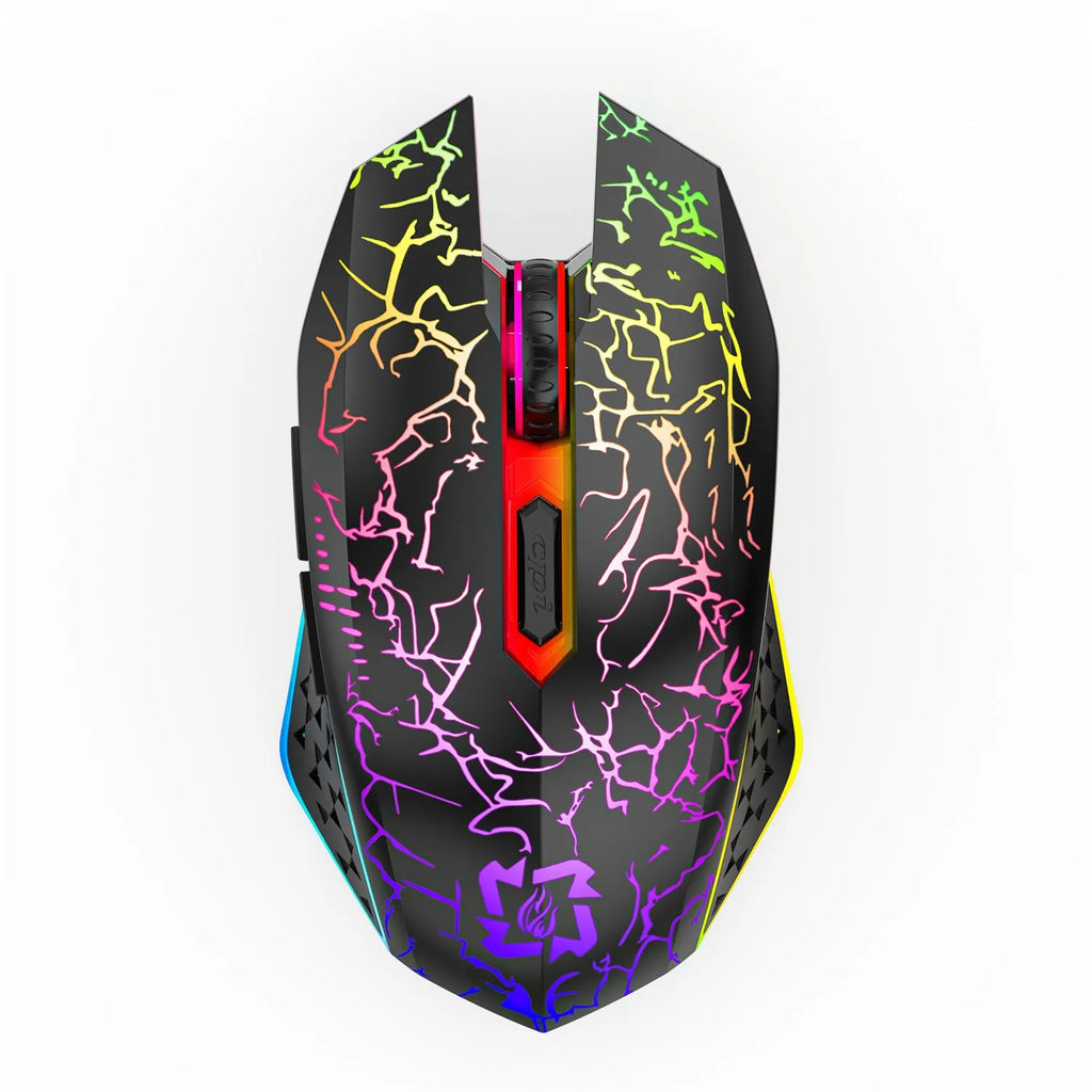 Black and white rechargeable wireless gaming mouse with RGB breathing light on desktop