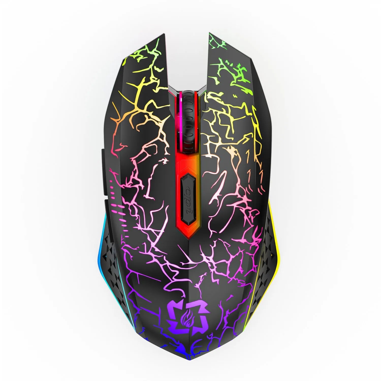 Black and white rechargeable wireless gaming mouse with RGB breathing light on desktop