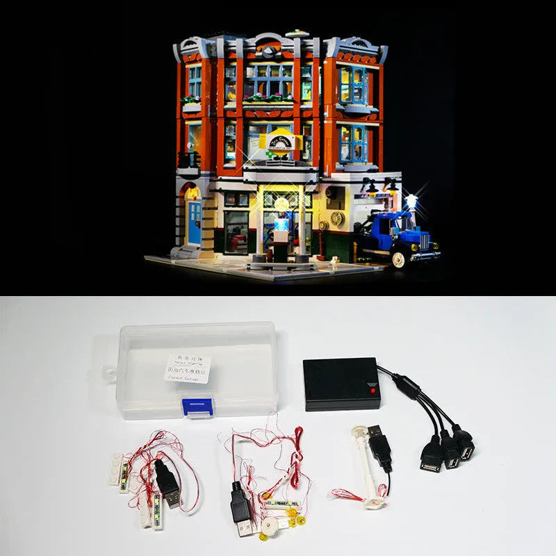MOC plastic LED lighting accessories kit showing corner repair shop lighting groups for construction toys