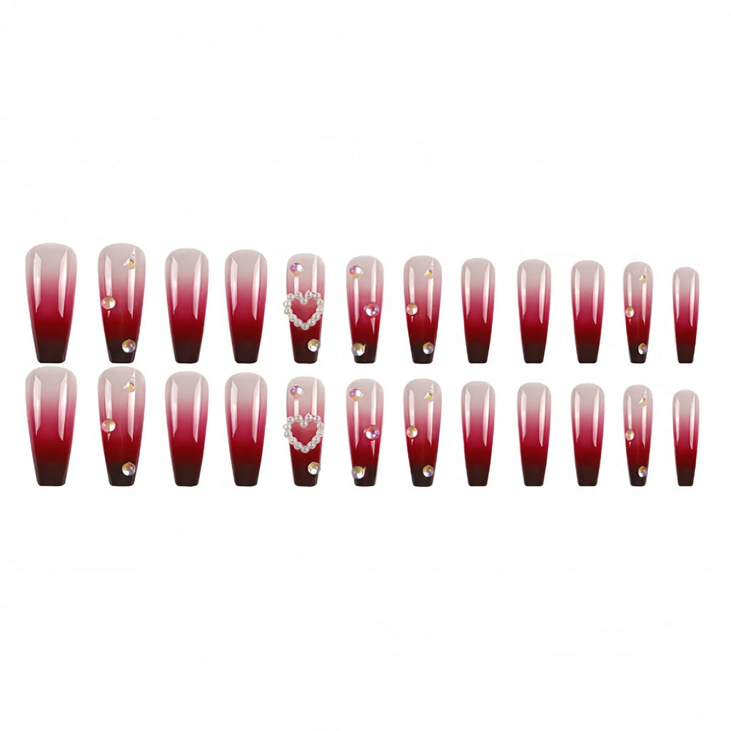 Wine red gradient plaid false nail tips with pearl heart detail in long ballet style