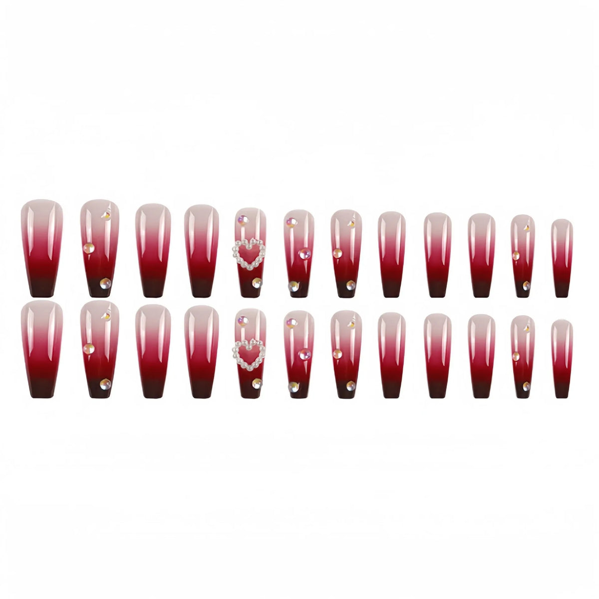 Wine red gradient plaid false nail tips with pearl heart detail in long ballet style