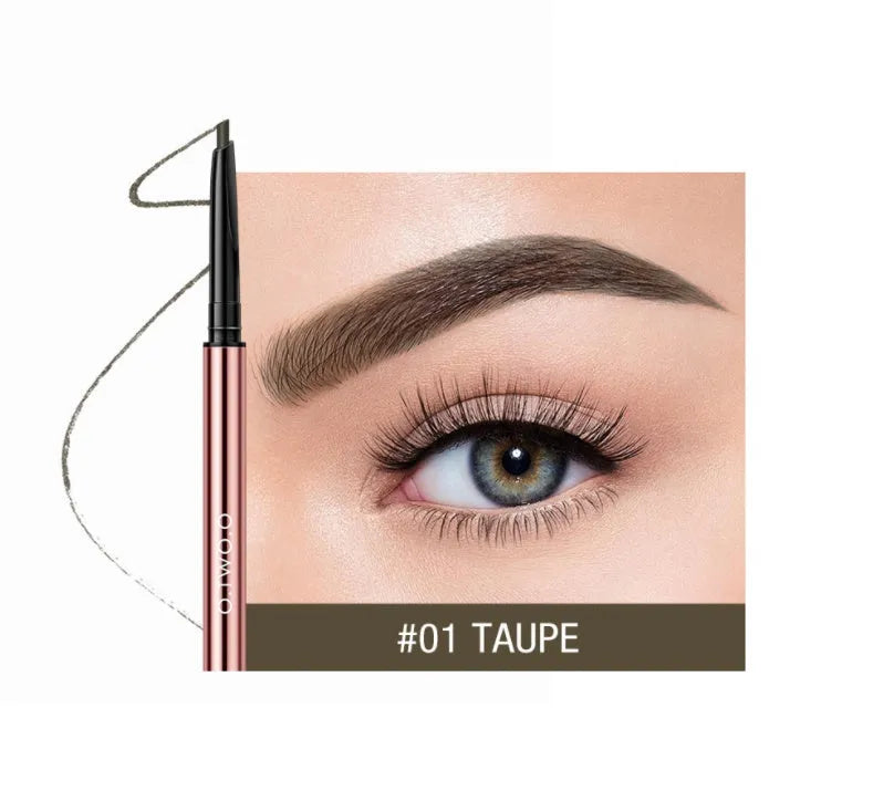 A brow make-up pencil in a colour box, showing six available shades like Auburn, Blonde, Caramel, and Taupe.