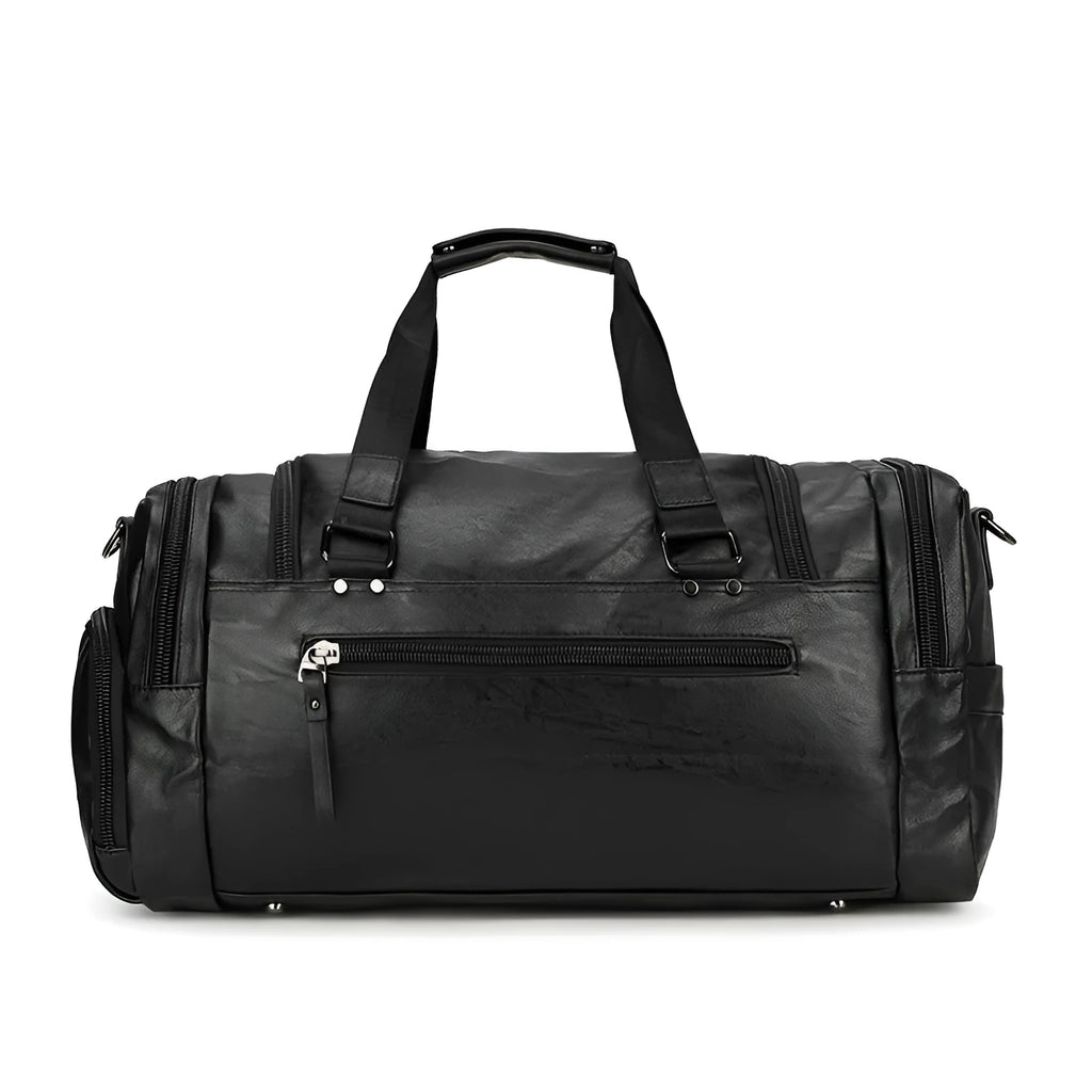 Black PU travel bag with shoe compartment measuring 52cm by 19cm by 27cm