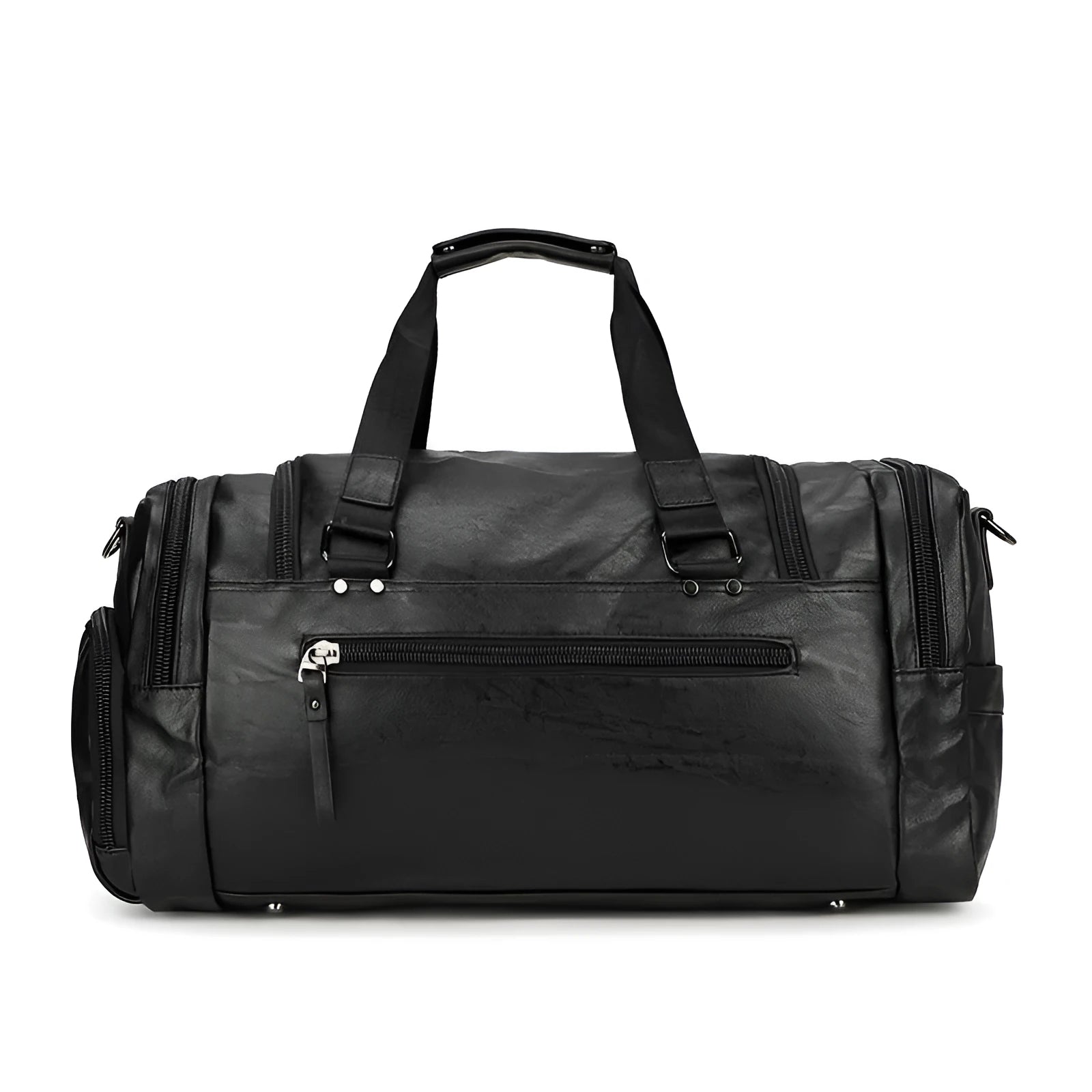 Black PU travel bag with shoe compartment measuring 52cm by 19cm by 27cm
