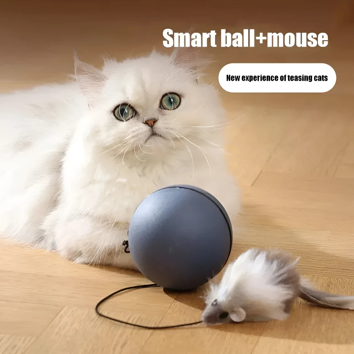Automatic cat teasing ball with plush mouse in blue orange or dark grey colours