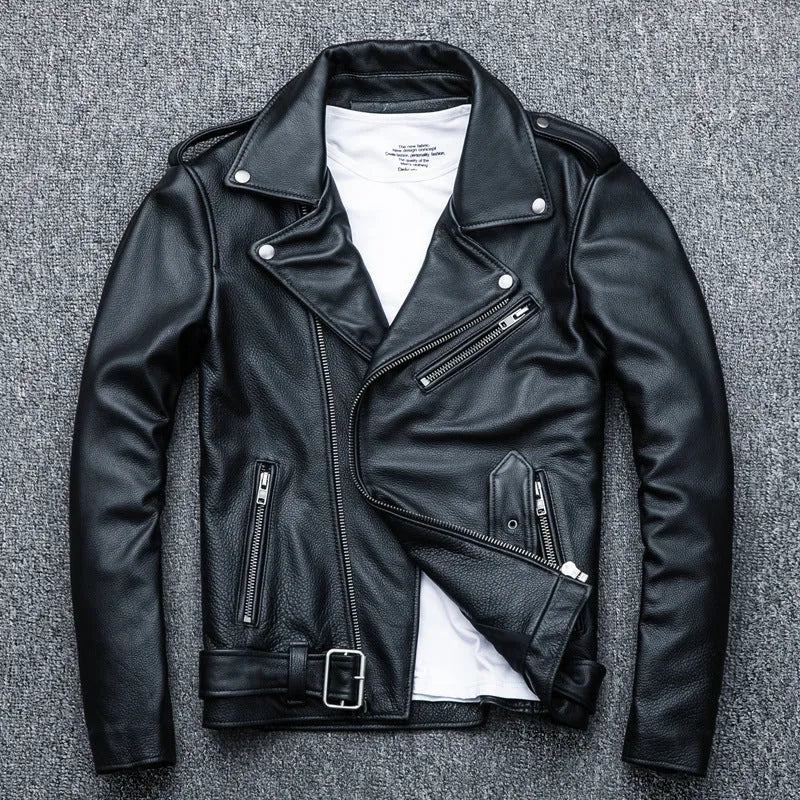 Pure cowhide black biker leather jacket with full front zipper, shown on model