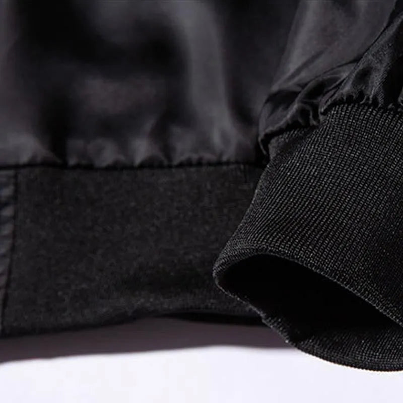 Men's black gold embroidered baseball jacket with stand-up collar, zip front, and loose fit, sizes S to 3XL.