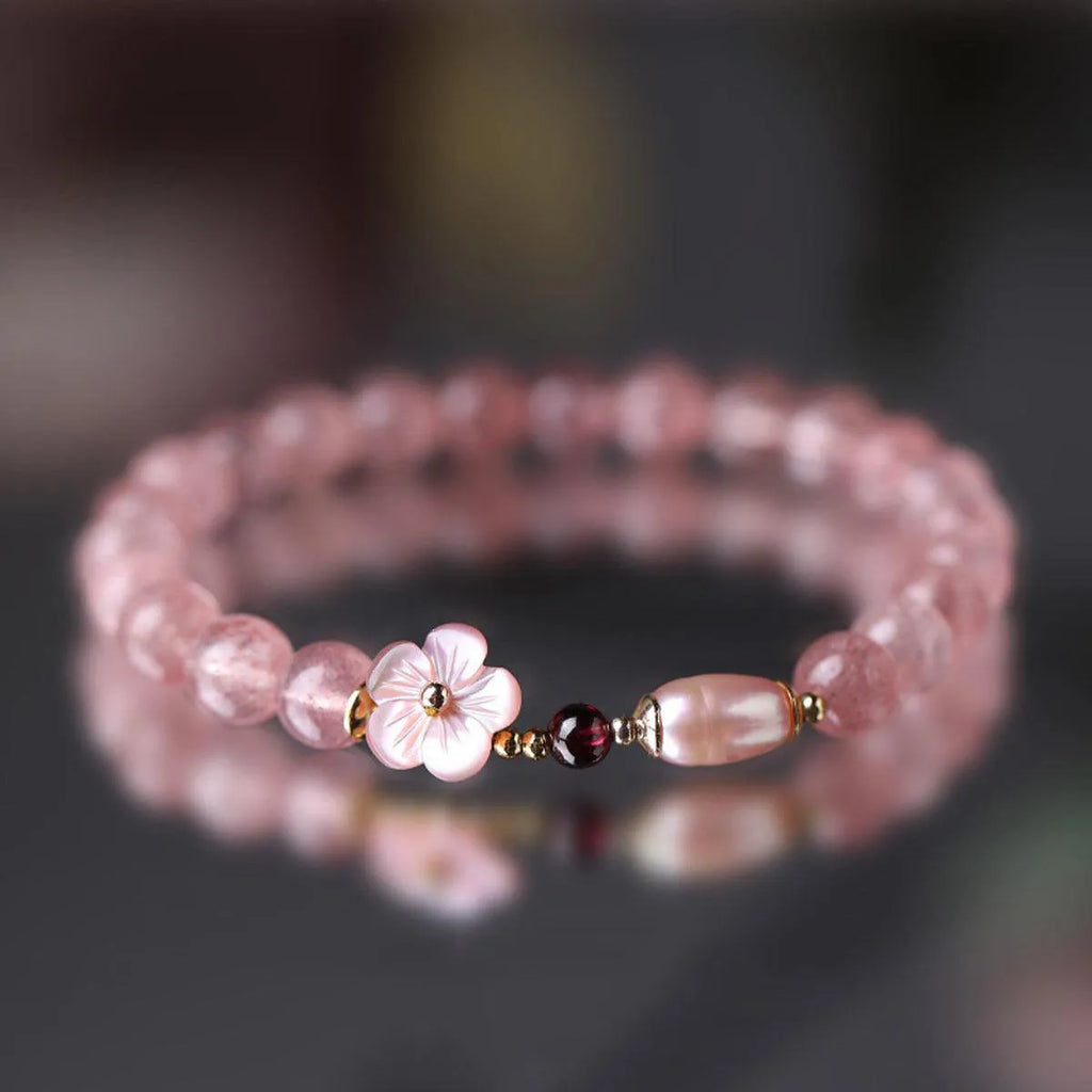 Women's strawberry quartz crystal floral bracelet with adjustable silver-tone chain