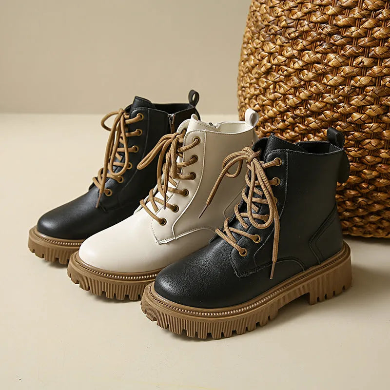 Women's winter Martin boots in beige cotton with mid heel, PU upper, and rubber sole