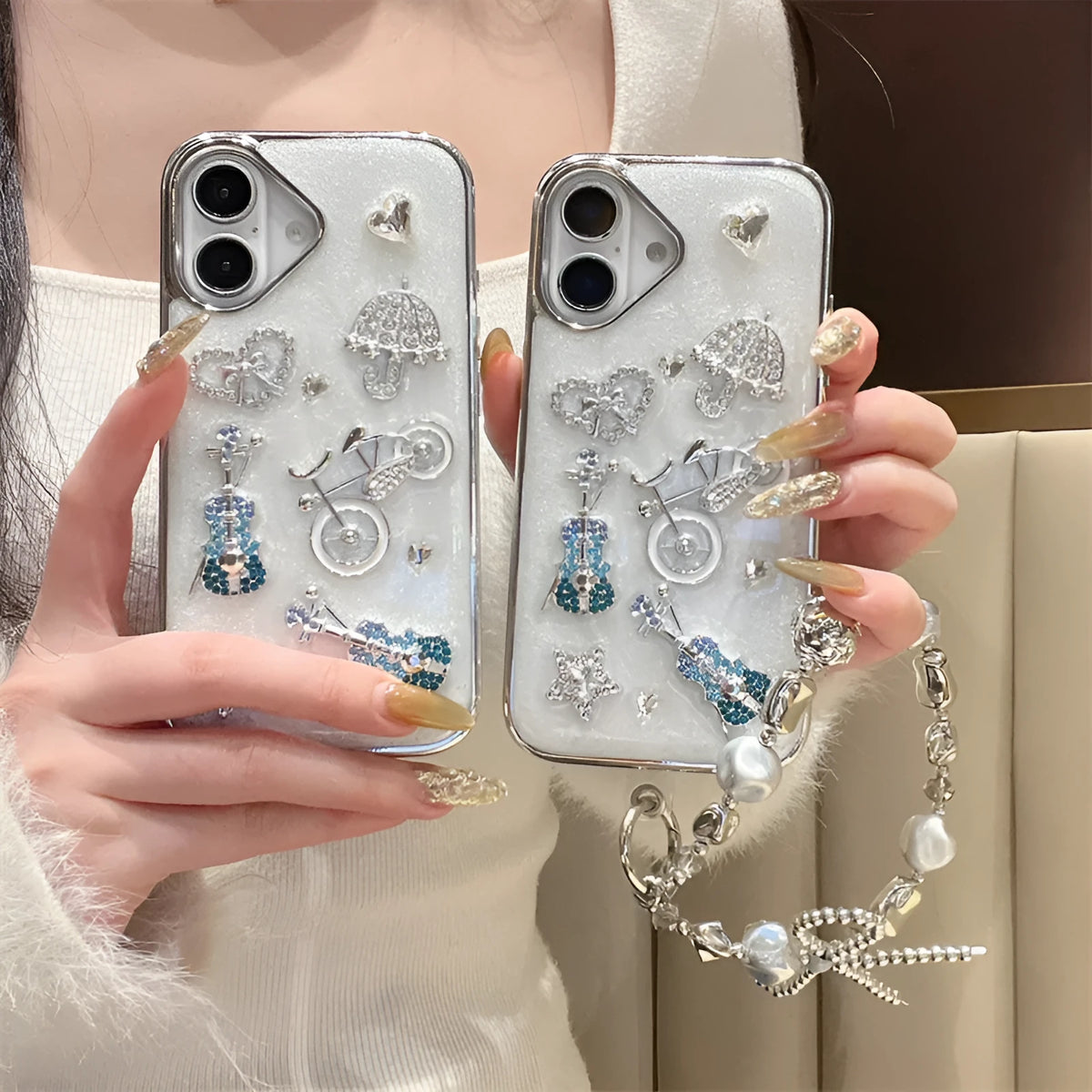 White silicone iPhone case with 3D guitar heart epoxy design and guitar lanyard