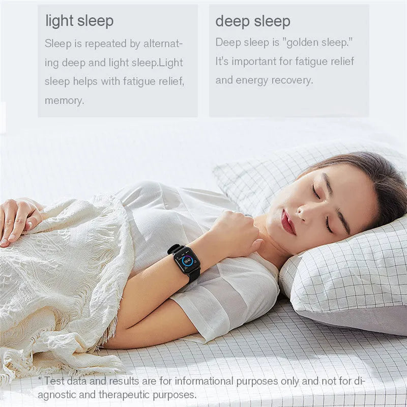Black waterproof smart bracelet with 1.4 inch screen and silicone strap showing heart rate data