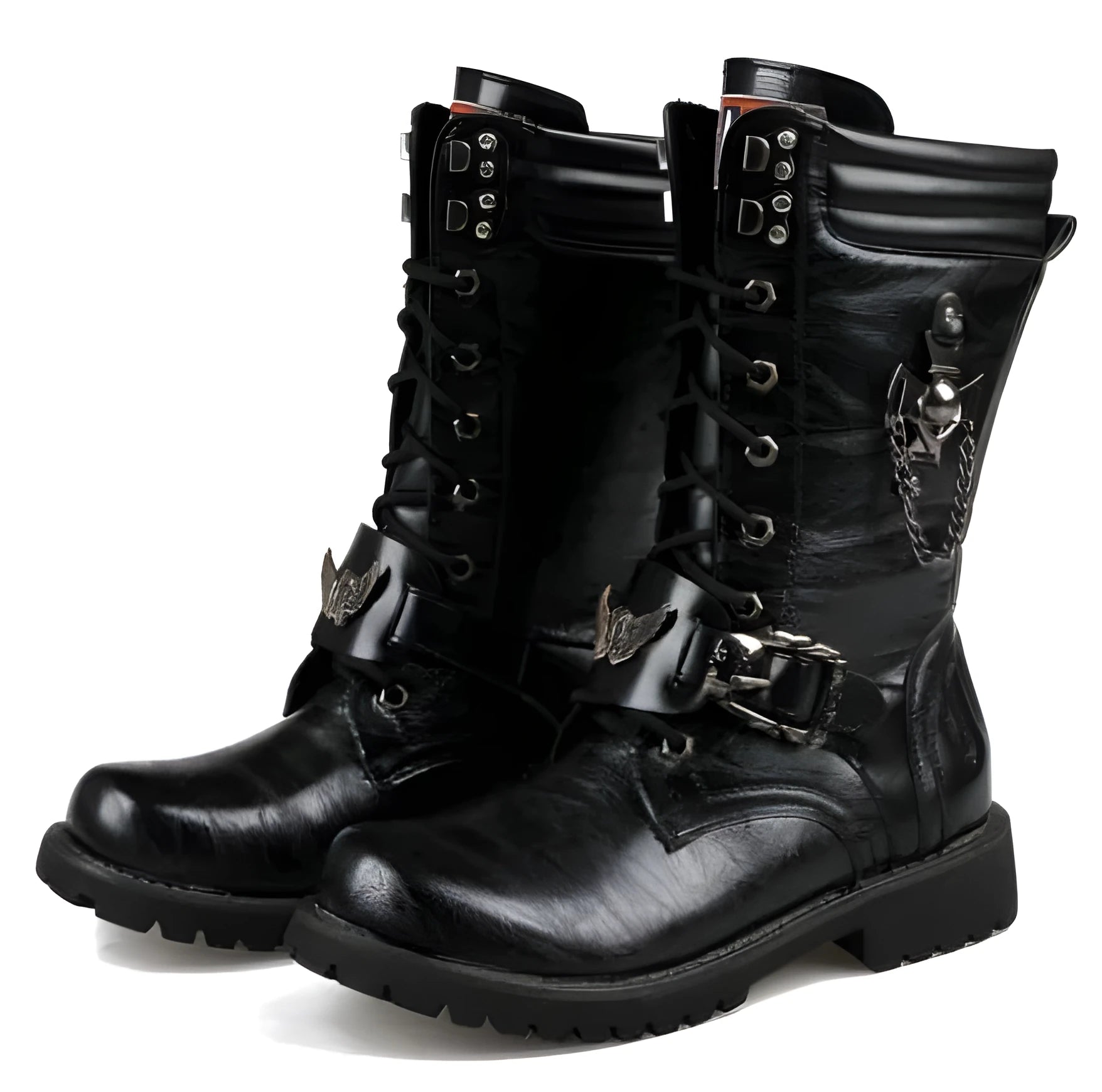 Black PU leather men's Martin boots with round toe and flat heel