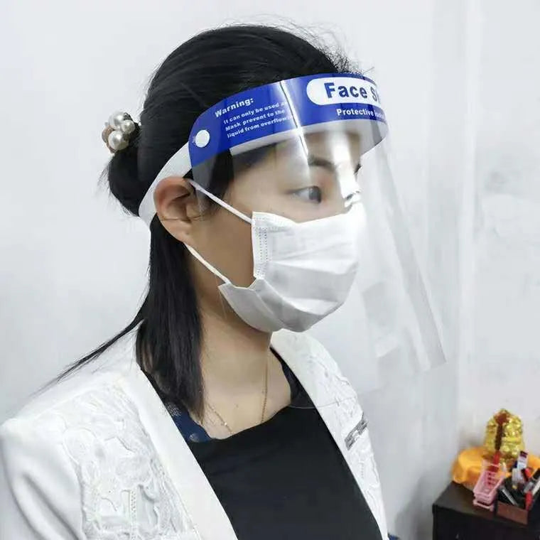 Blue PET head-on anti-splash protective mask for droplet self-protection, available in 100pcs and 5pcs packs