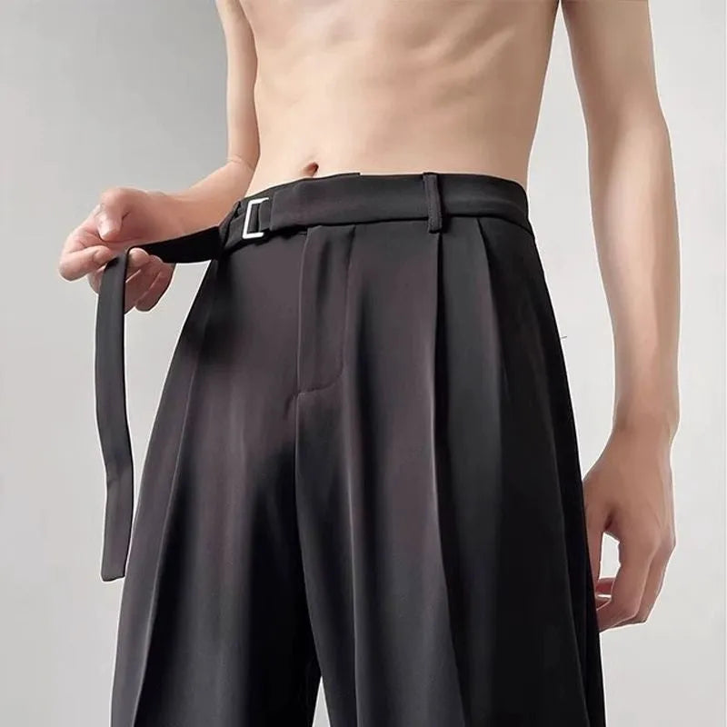 Thin straight black wide leg trousers with loose fit and straight leg opening