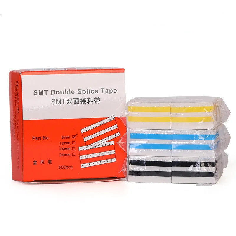 Double-sided splicing tape on a roll showing yellow adhesive surface, with width indicators for 8mm, 12mm, 16mm, and 24mm options.