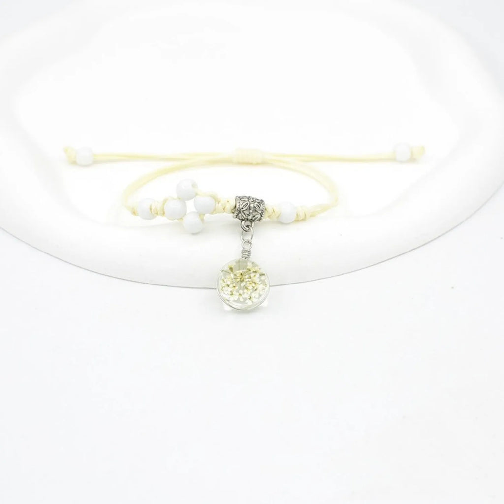 Hand-woven glass dried flower bracelet with large 1.4cm beads in blue colour option