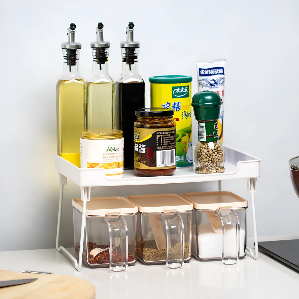 Plastic kitchen supplies rack in transparent or white colour with compartment storage design