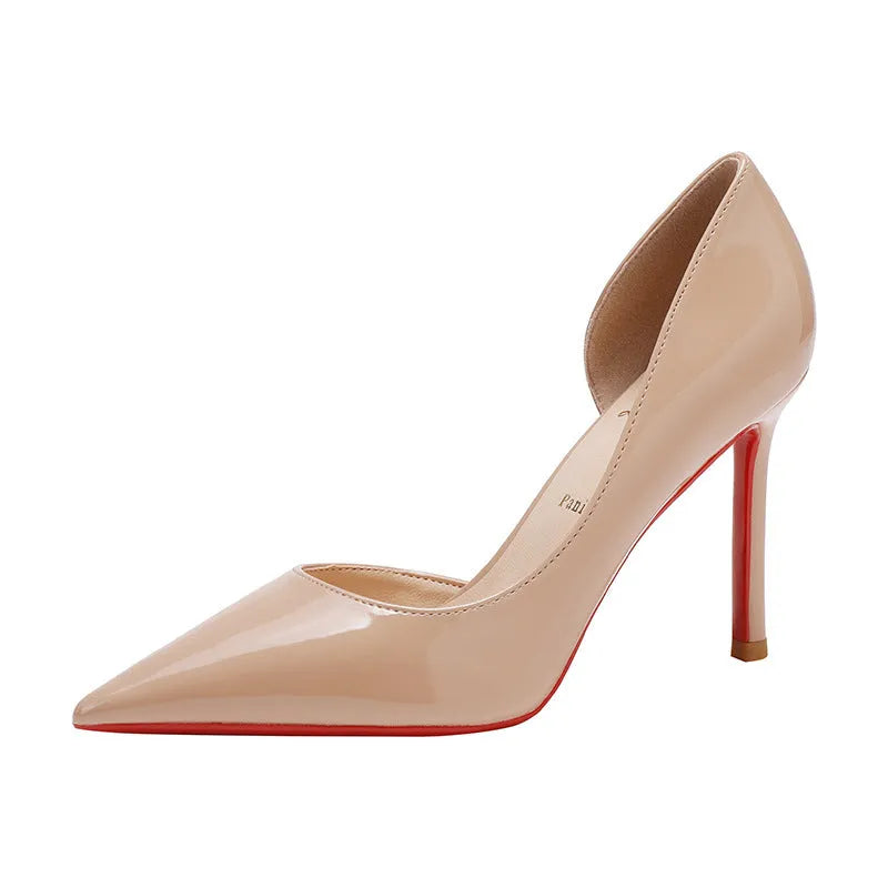 Women's 10cm patent leather pointed toe high heels in black or nude, side empty and side air styles