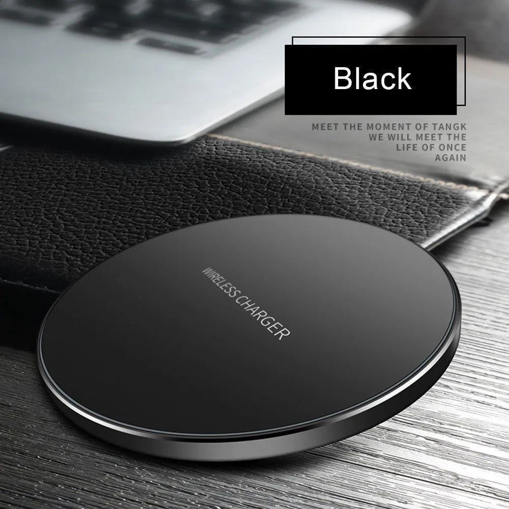 Black square ultra-thin wireless QI charging pad with dimensions 98mm by 98mm