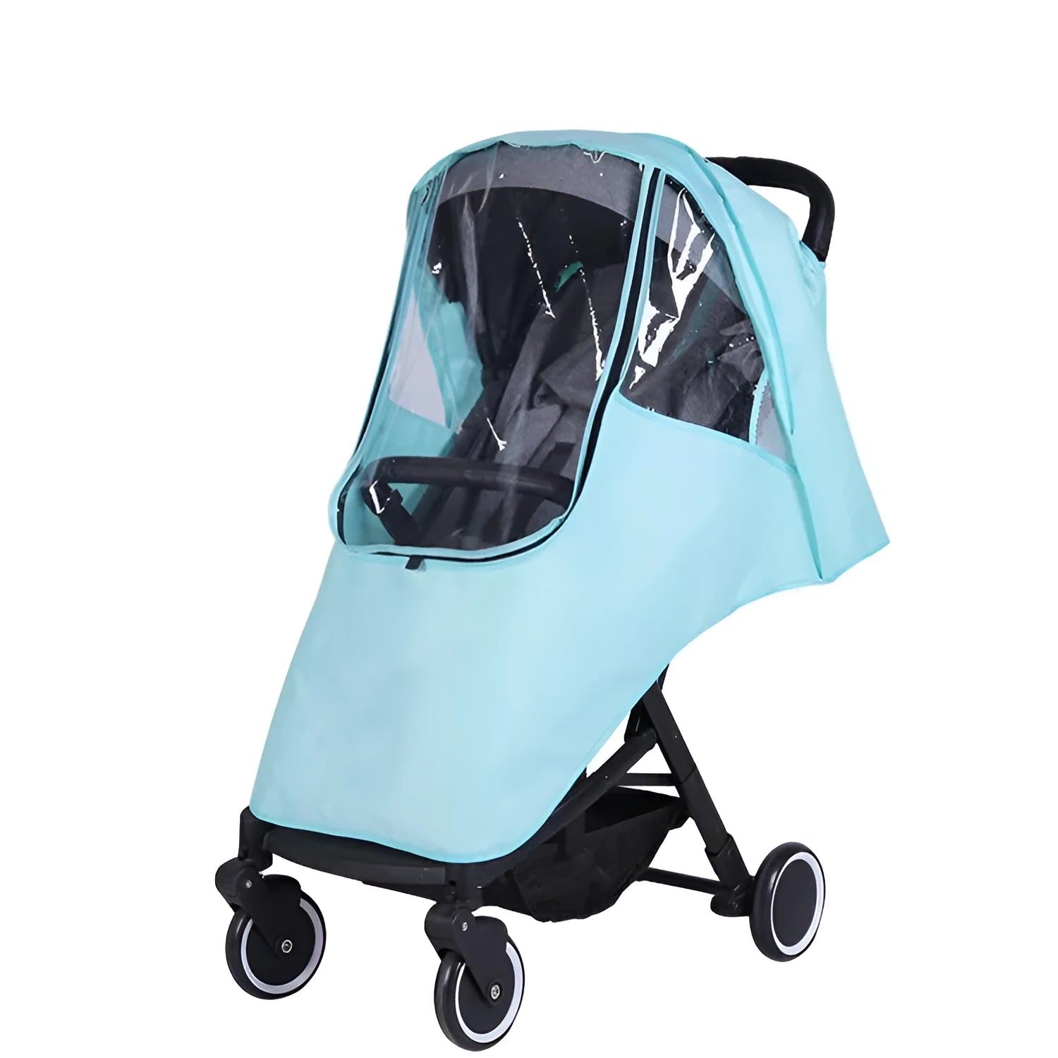 Universal baby stroller rain cover in blue, showing lightweight waterproof material and nonslip handle.