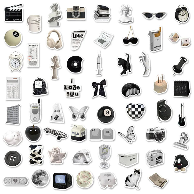 Black and white waterproof sticker sheet with 61 designs for laptop cup phone case decoration